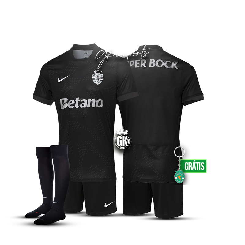 Conjunto infantil COM MEIAS AWAY preto 2025/26 - LANÇAMENTO 🦁💚[pré venda 11 a 22 dias úteis]